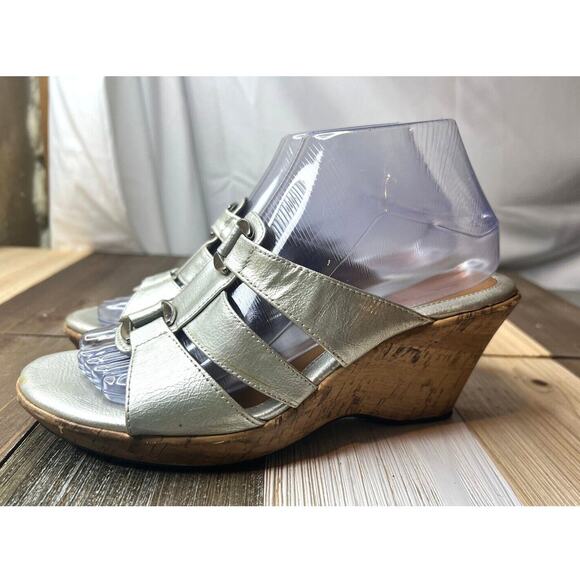 attention Shoes - Attention Sandals Womens Size 8 M Silver Wedge Slip On Open Toe Comfy Grannycore